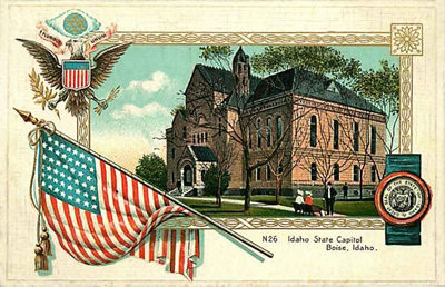 Patriotic postcard of Idaho state capitol