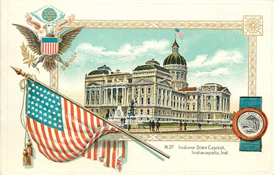 Indiana state capitol in a patriotic border