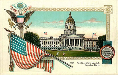 Kansas state flower and state capitol in a patriotic border