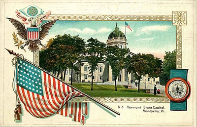 Vermont capitol in a patriotic border